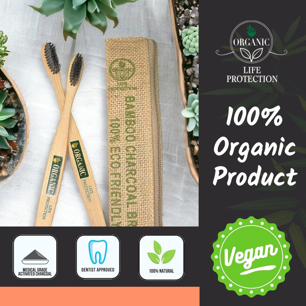 Bamboo Toothbrush in Zipper Bag with Charcoal Bristles Life Protection (4 pieces)