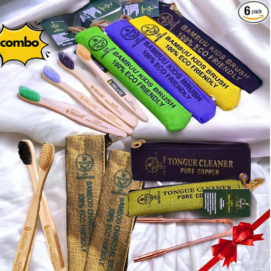FAMILY COMBO PACK 2 Charcoal Toothbrush, 4 Kids Toothbrush Mix Colour, 2 Copper Toungue Cleaner