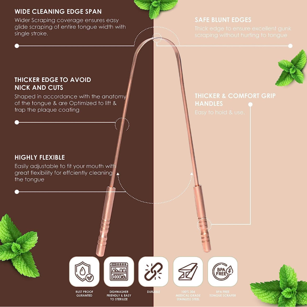 100% Copper Tongue Cleaner in Zipper Bag, Oral Care,(Green) Life Protection