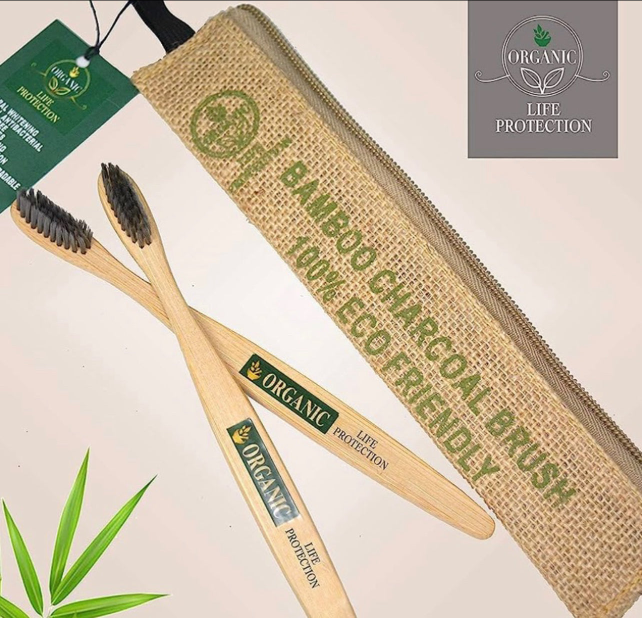 Bamboo Toothbrush in Zipper Bag with Charcoal Bristles Life Protection (4 pieces)